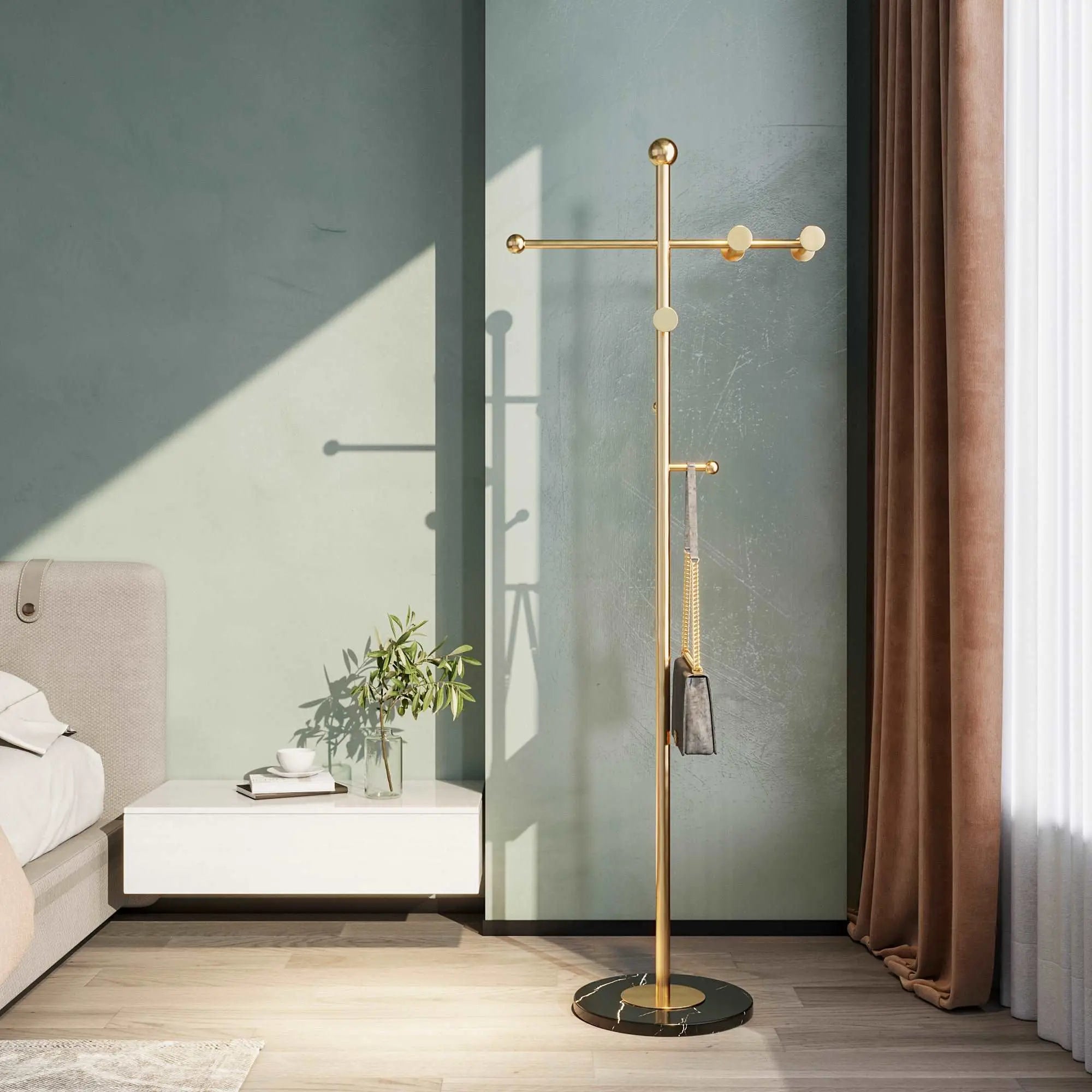 Modern Cross-Frame Coat Rack with Marble Base 7 Hooks