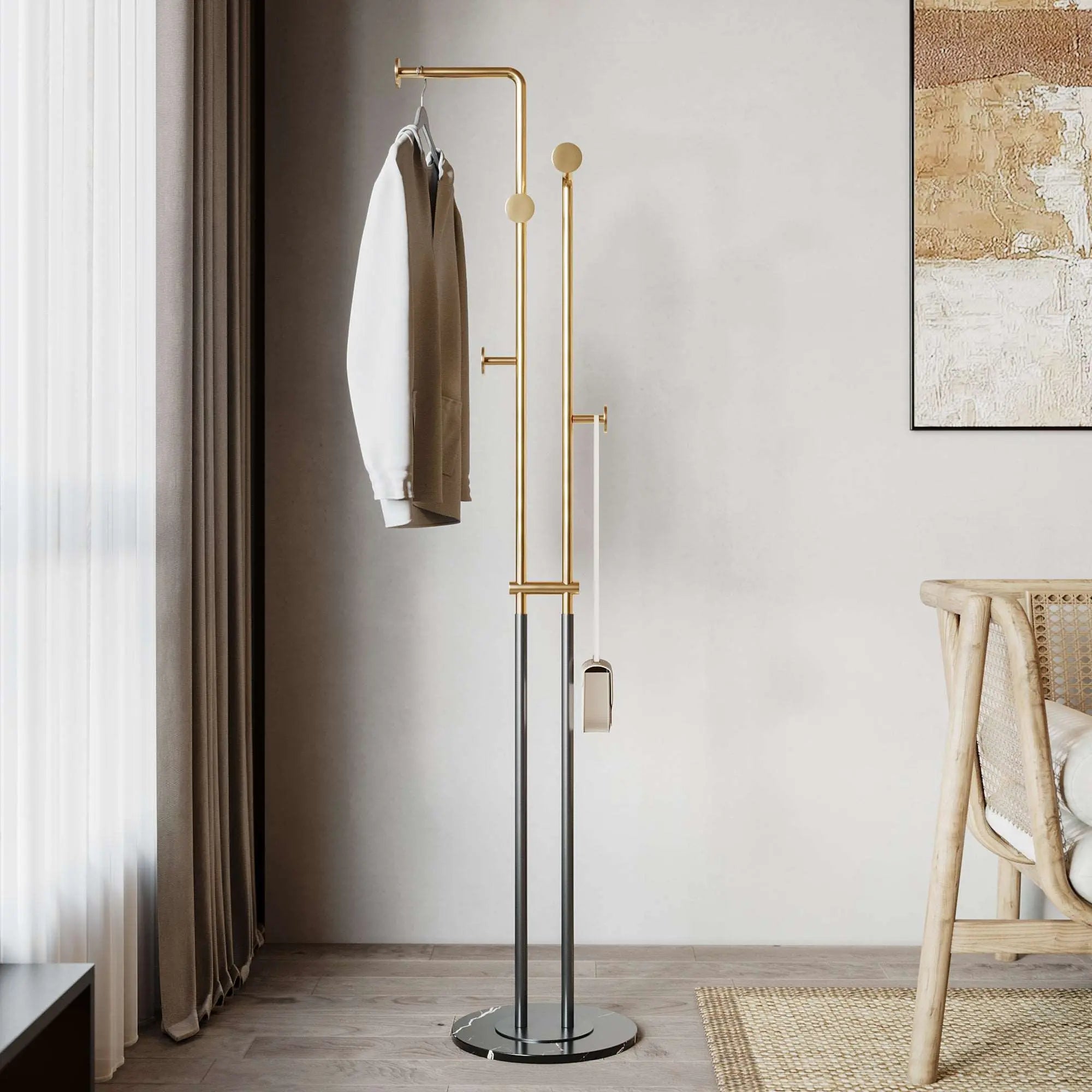 Luxury Dual-Pole Coat Rack with Marble Base and Gold-Tone Metal