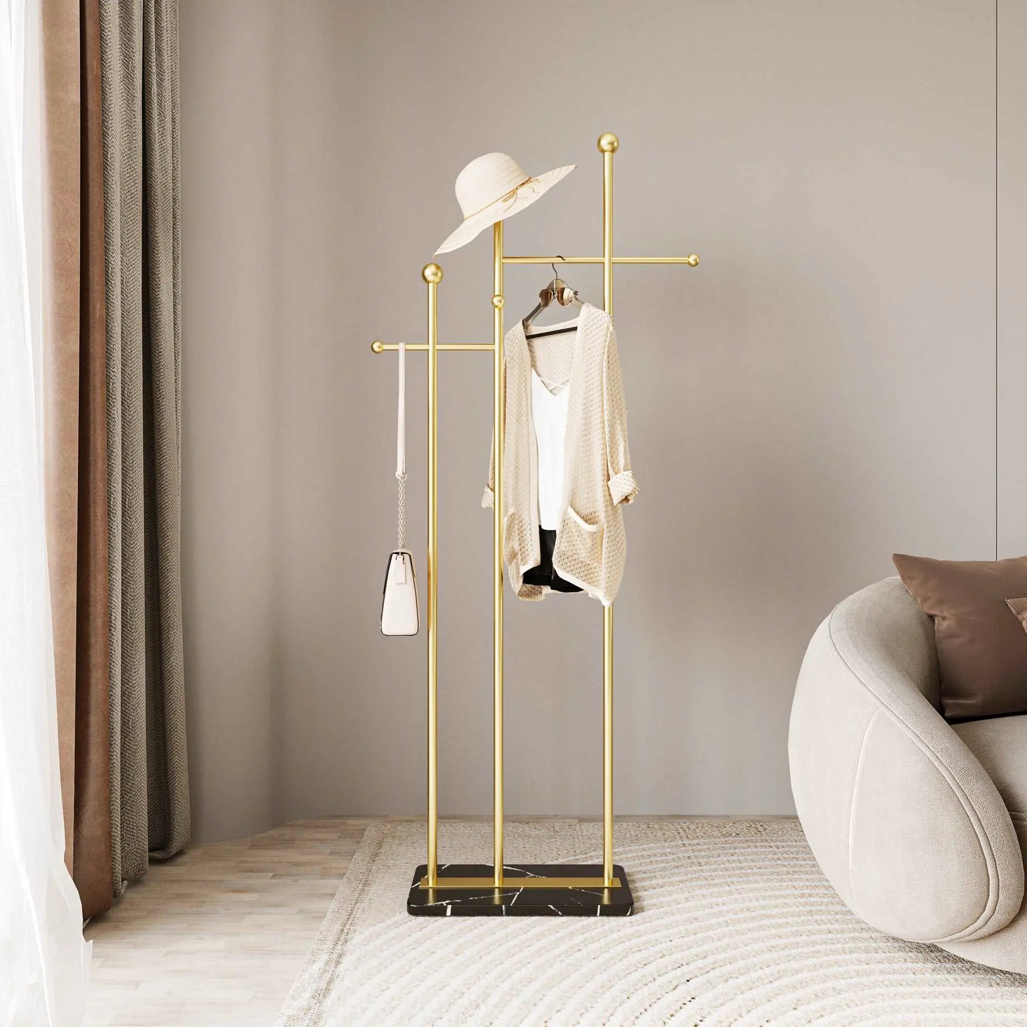 Double-Cross Metal Coat Rack with Marble Base 6 Hooks