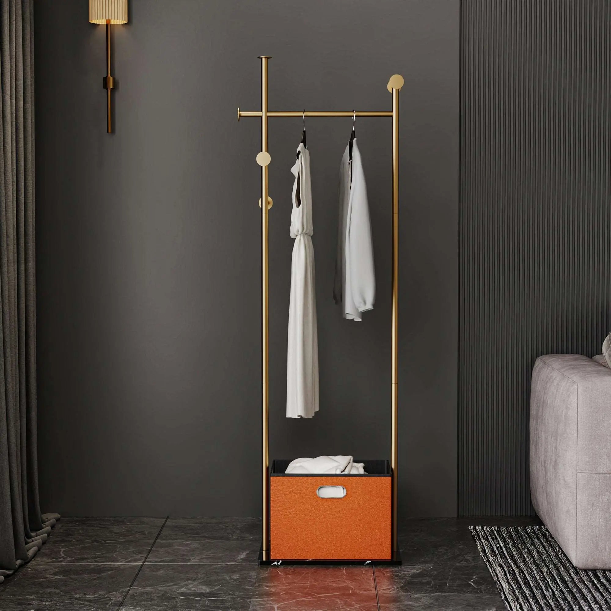 Stylish Double-Pole Storage Coat Rack with Marble Base - 5 Hooks and Storage Box