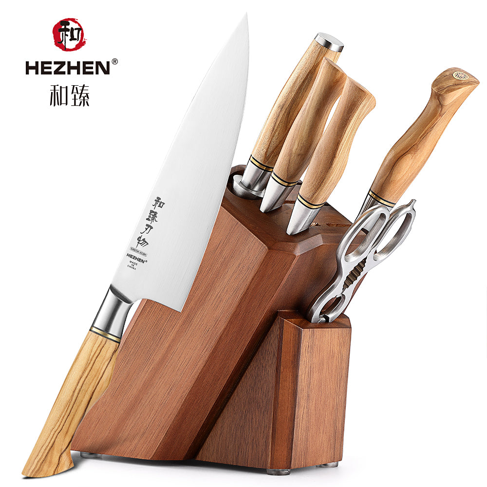 HEZHEN 8PC Kitchen Knife Set Walnut Shears Knife Holder Block Sandvik Steel Chef Bread Cook Knives