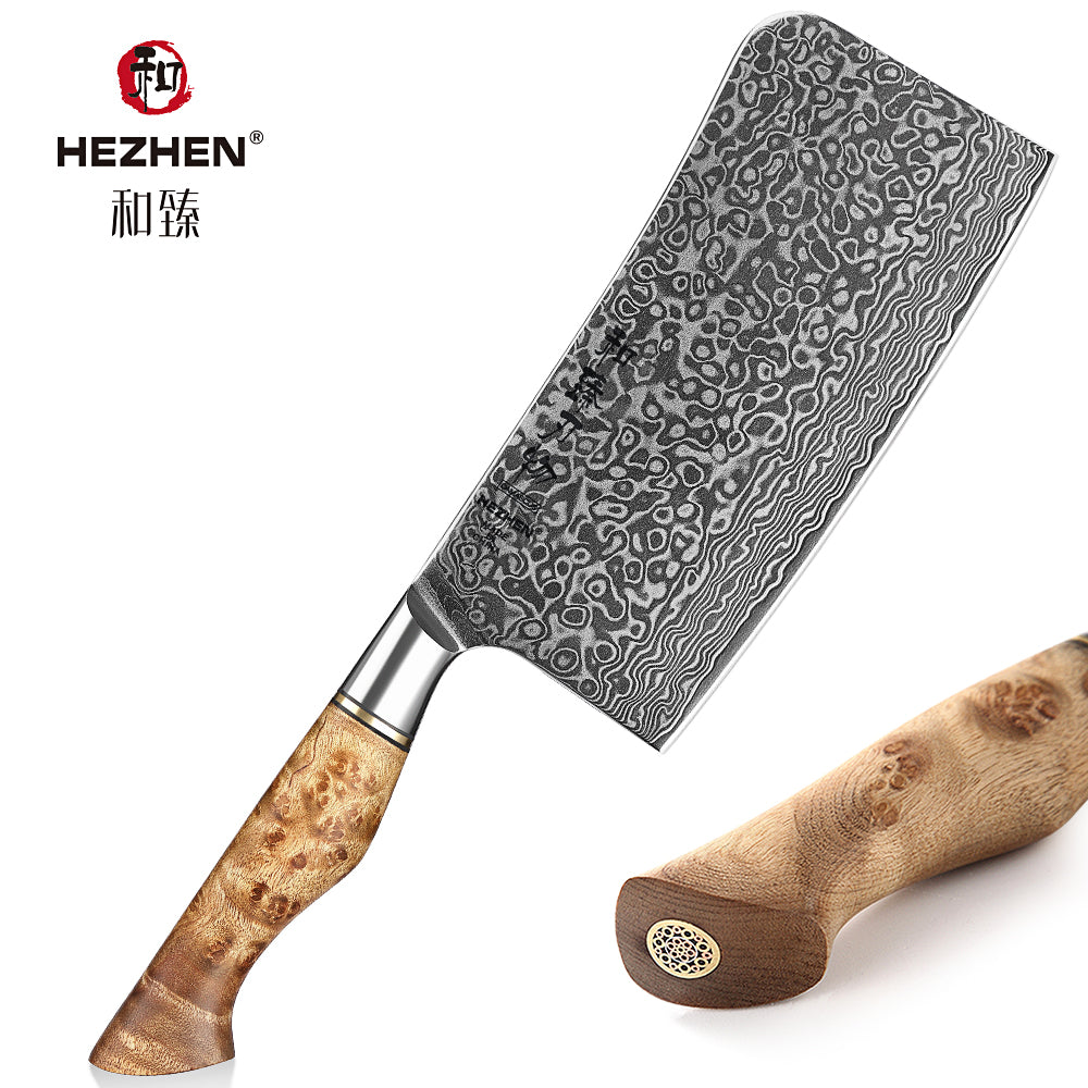 HEZHEN 7 Inch Bone Chopper Knife 67 Layers Damascus Steel Super Cook Knife Razor Sharp Japanese Blade Kitchen Chopping Knife