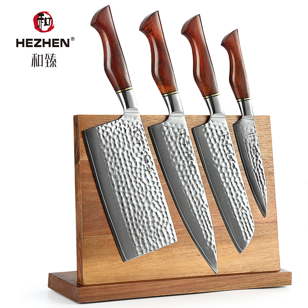 HEZHEN 5PC Kitchen Knife Set 73-Layer Powder Damascus Steel Chef Santoku cleaver Utility knives Magnetic Knife Holder