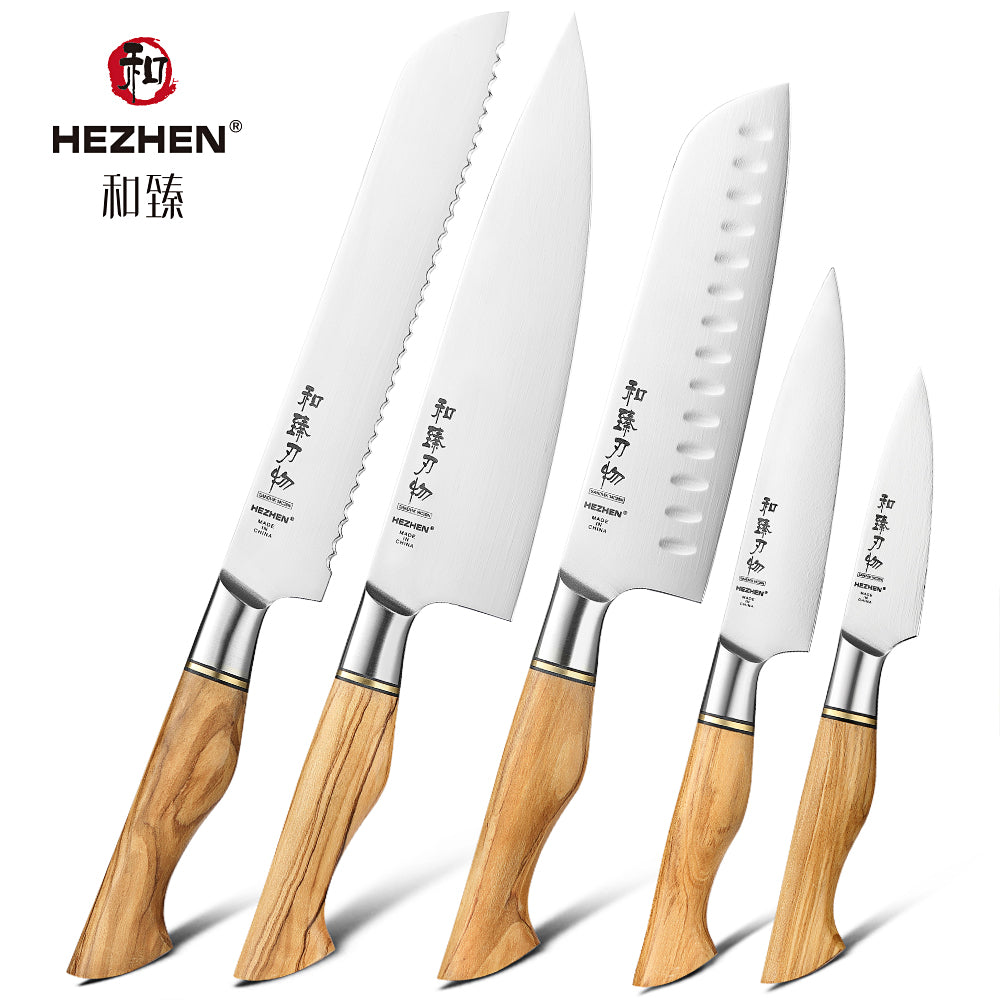 HEZHEN 5PC Knife Set Kitchen Tools Chef Santoku Bread Utility Paring Stainless Steel Knives Cooking Tools