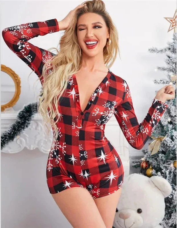 LISS Cozy Plaid Christmas Pajama Romper