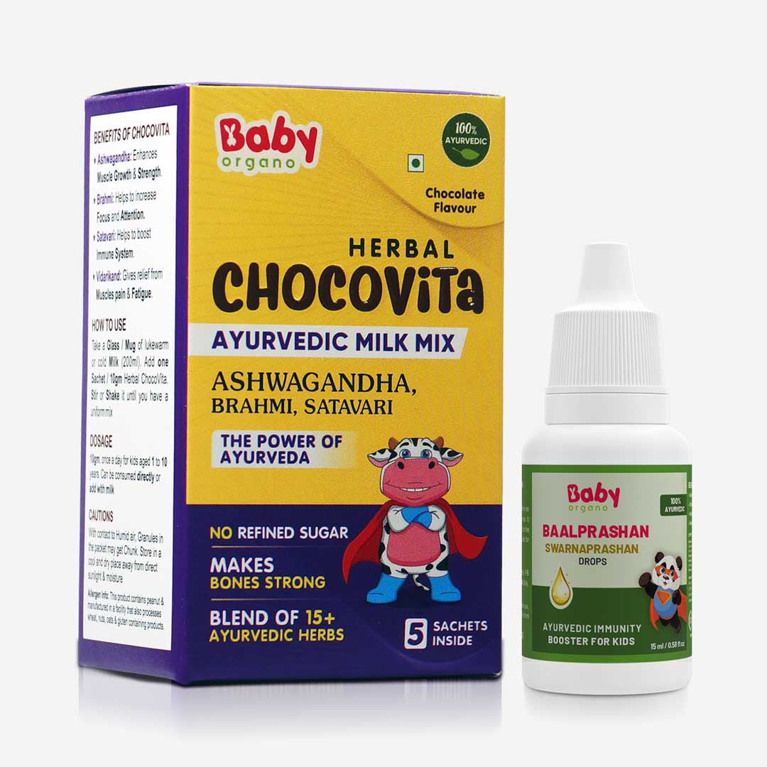 BabyOrgano Kid's Immunity Booster and Height & Weight Gain Trial Combo | Swarnaprashan Drops + Herbal Chocovita Trial Pack | 100% Bases on Ayurveda