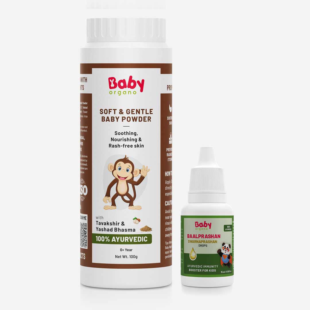 Super Saver BabyOrgano Swarnaprashan & Gentle Baby Powder Combo | Swarnaprashan Drops (15ml) + Soft & Gentle Baby Powder (100g)
