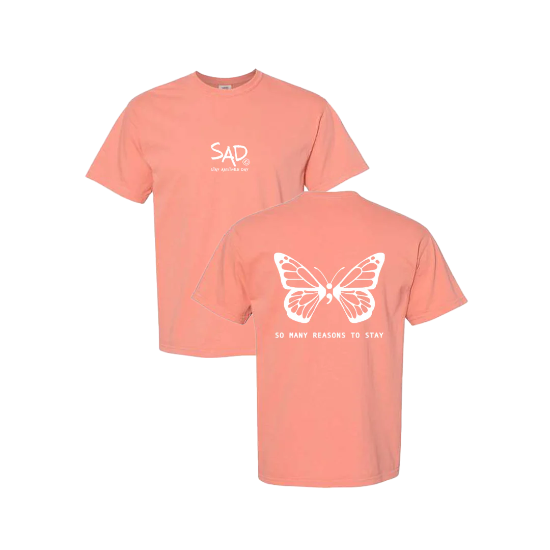 So Many Reasons To Stay Butterfly Screen Printed Coral T-shirt - Mental Health Awareness Clothing