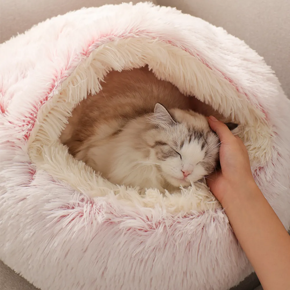 Warm Dog Cat Bed Round Long Plush Cat's House Cave Pet Kitten Cushion Basket