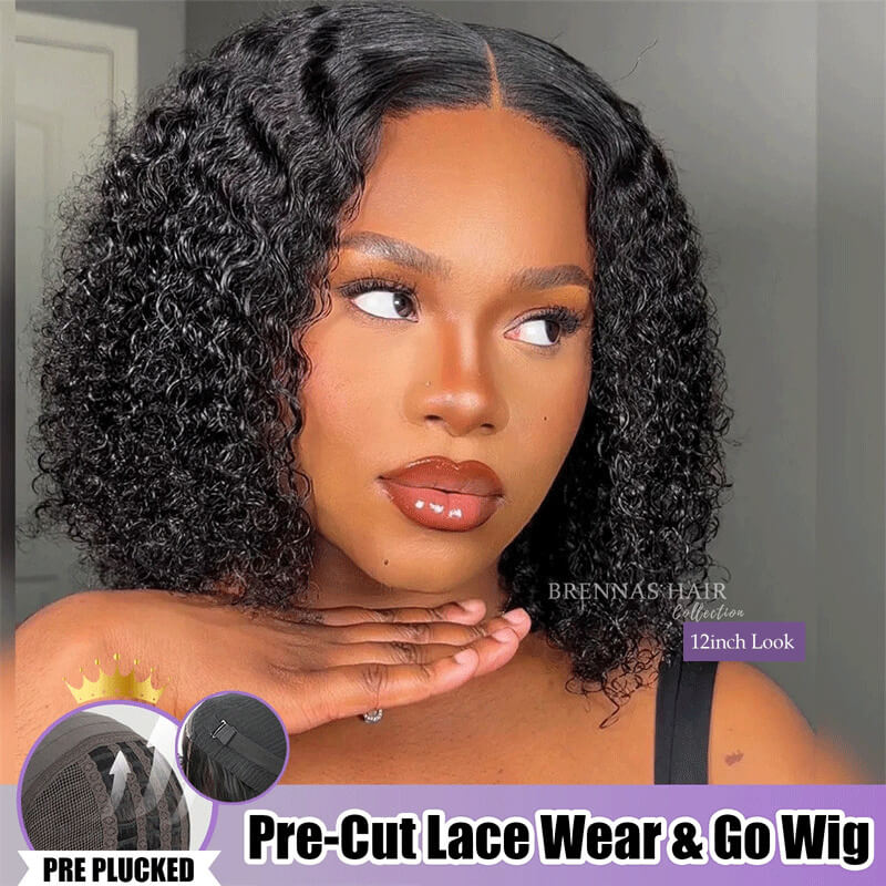 Brennas Water Wave Bob Glueless Wig Wear Go 4x4 Lace Pre Cut Lace Glueless Wig 180% Density Breathable Cap-Air Wig