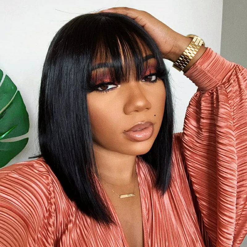 Brennas Hair Short Straight Hair Bob Wigs Brazilian Human Hair Wig With Bangs Remy Full Machine Made Wig for Women Non Lace Glueless Bob Wig