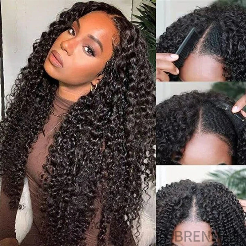 Brennas Hair Kinky Curly V Part Wigs Human Hair 150% 180% Density Wigs For Black Women