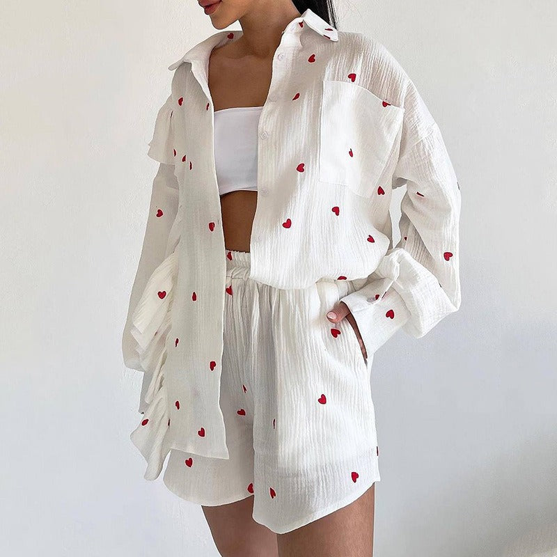 Ruffled Heart Print Shirt Wide-Leg Shorts Casual Suit