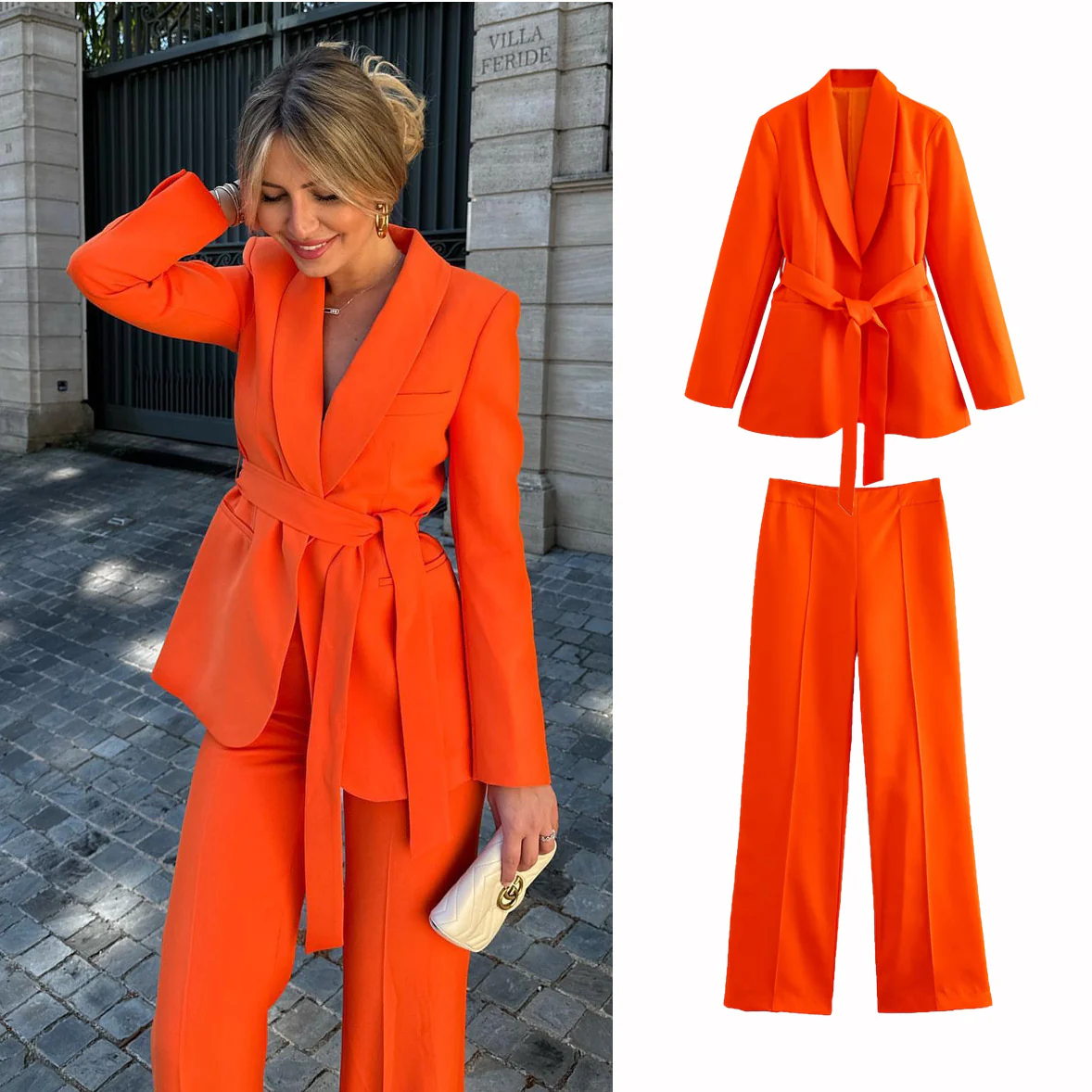 Women Clothing French Style With Belt Dress Small Suit Jacket + Casual Trousers Suit