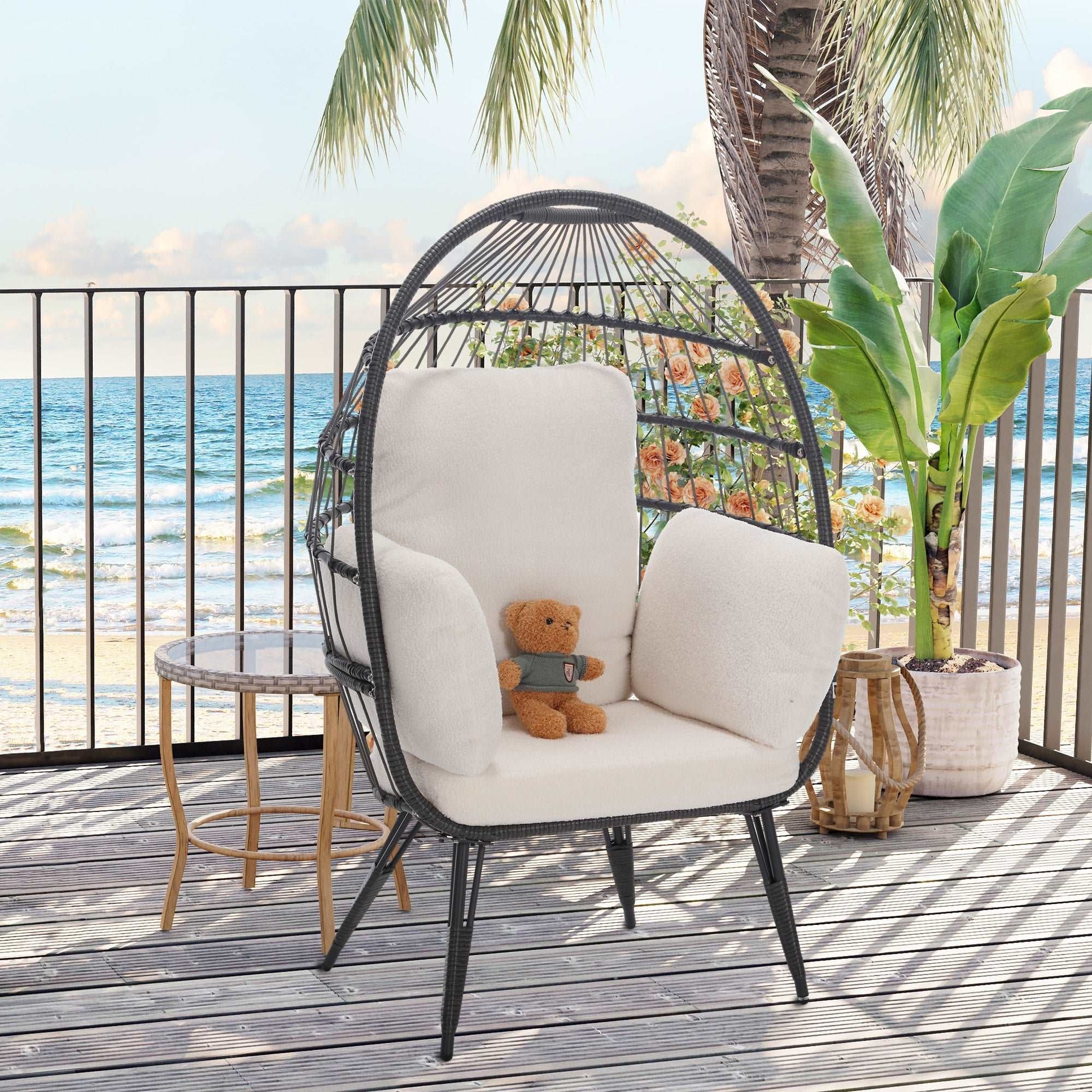 COOLMORE Egg Chair Wicker Outdoor Indoor Oversized Large Lounger with Stand Cushion Egg Basket Chair 350lbs Capacity for Patio, Garden Backyard Balcony, White Teddy