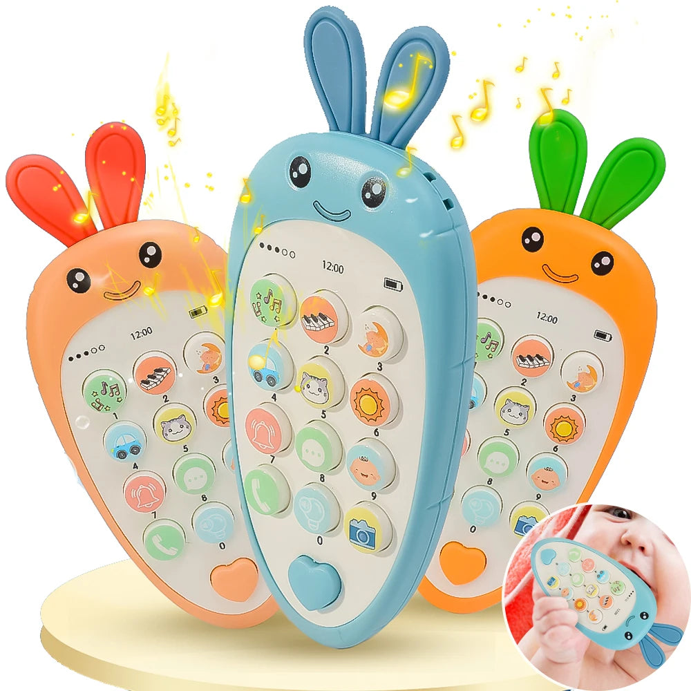 Cartoon Rabbit Carrot Simulation Music Phone Toys Silicone Can Chew Mobile Phones Baby Education Learning Props Gifts