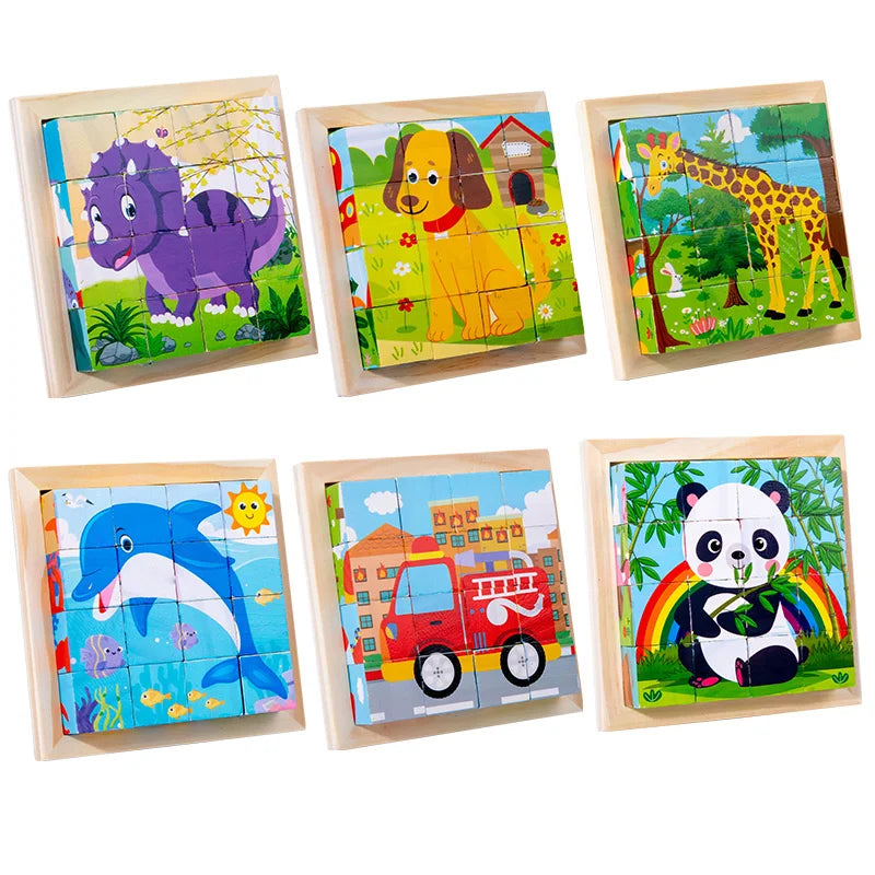 Six Sides Painted Wooden Puzzle Three-Dimensional Traffic Animal Puzzle Building Blocks Early Education Educational Toy