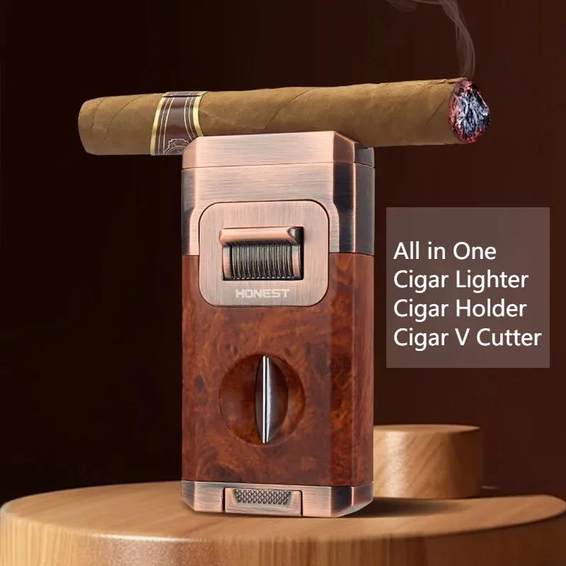 Unique Cigar Lighter With V Cutter Cigar Holder Double Jet Flame Butane Refillable Torch Lighter Luxury Cigar Accessories