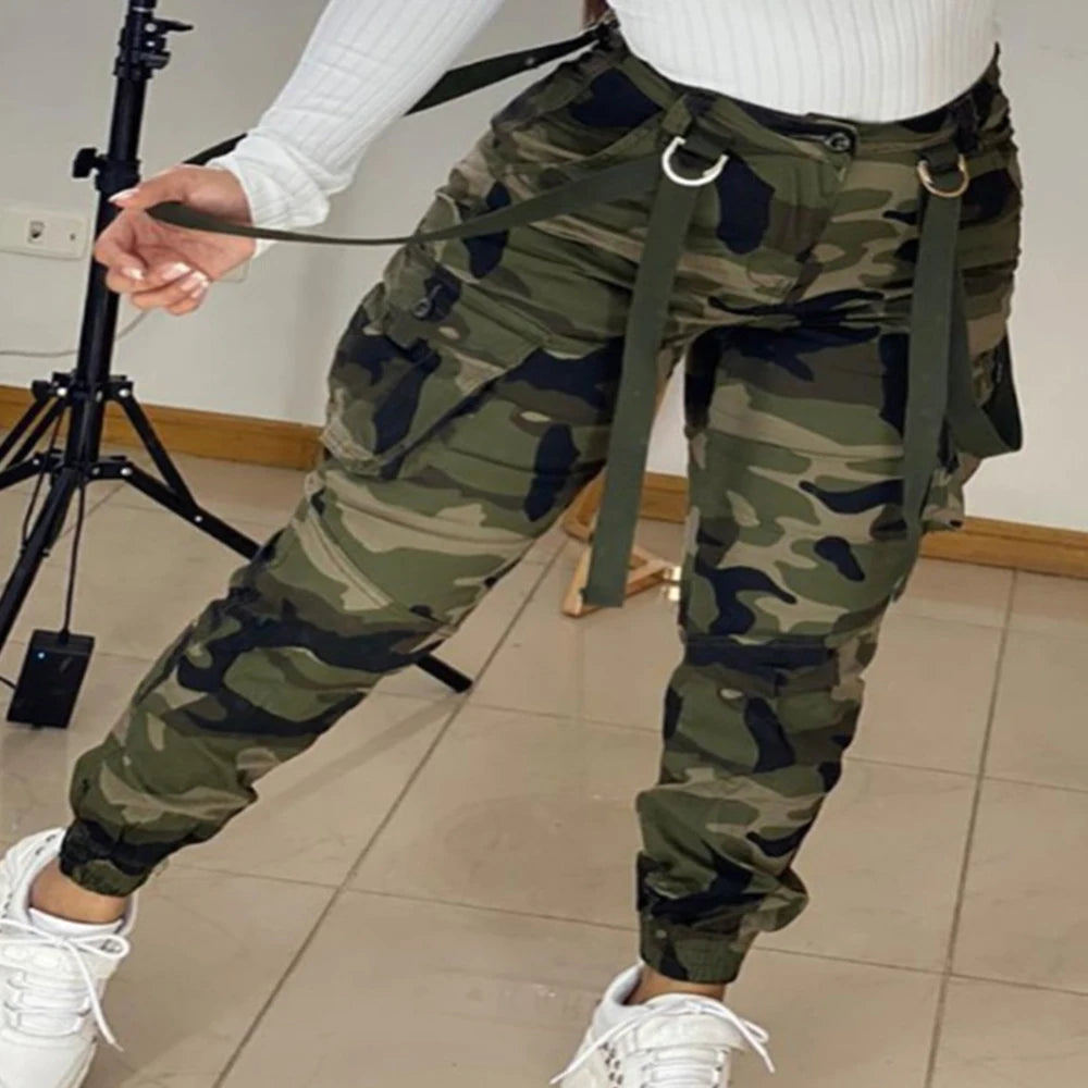 Women's Athletic Training Joggers Camouflage Tactical Pants Sashes Multi Pocket Summer Outdoor Cargo Long Pants Workwear Female