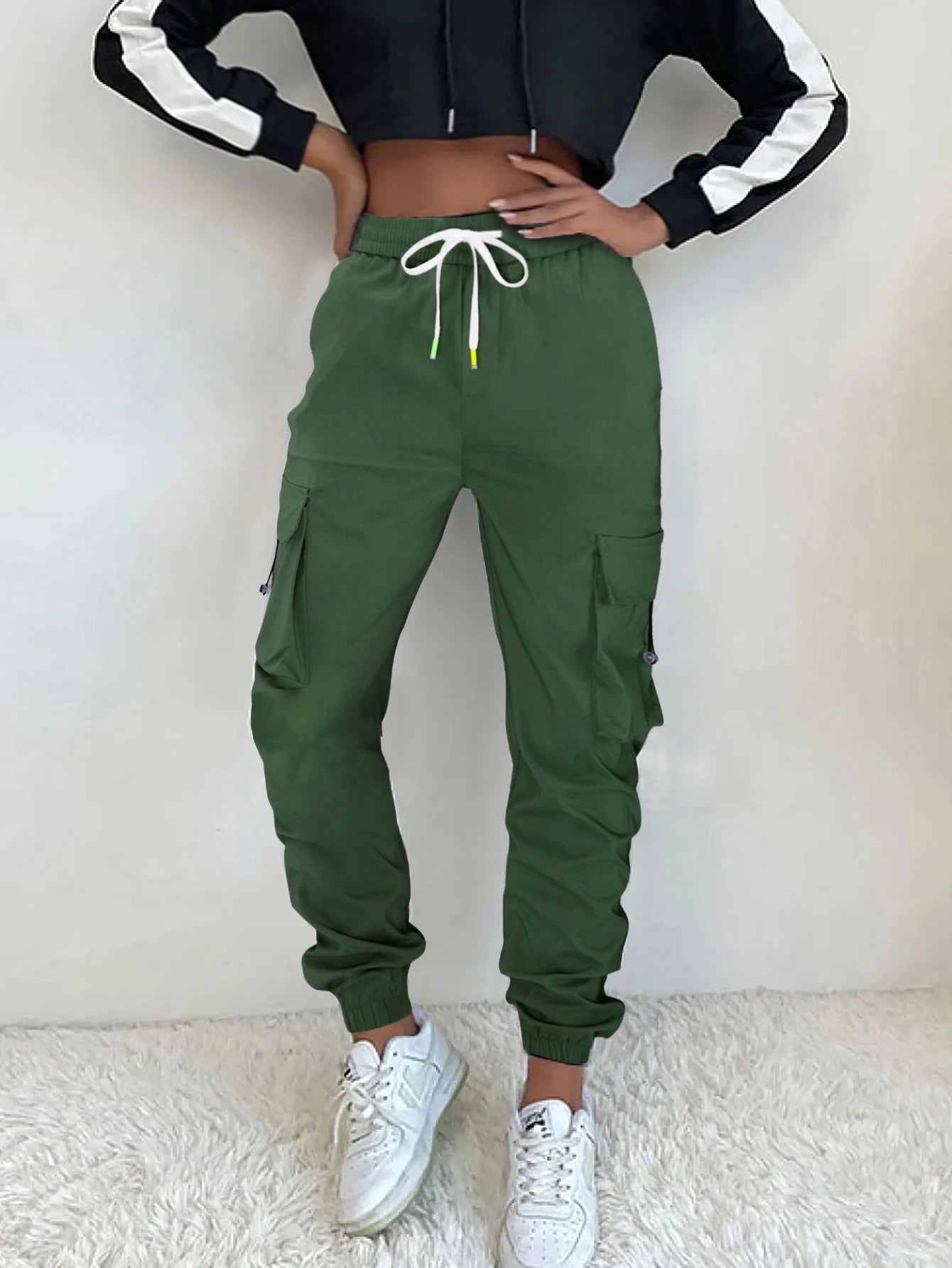 clamshell pocket bound foot cargo pants drawstring elastic waist loose jogging sports women's casual pants