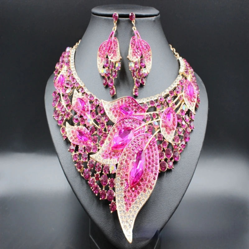 Big Luxury pink Water Drop Crystal Jewelry Sets for Women Bridal Necklace Earrings Set Dubai African Women's Jewellery Gift