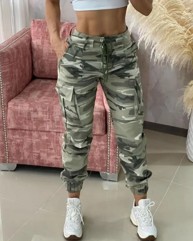 Camouflage Print Drawstring Pocket Design Cargo Pants New fashion Women's Bottom