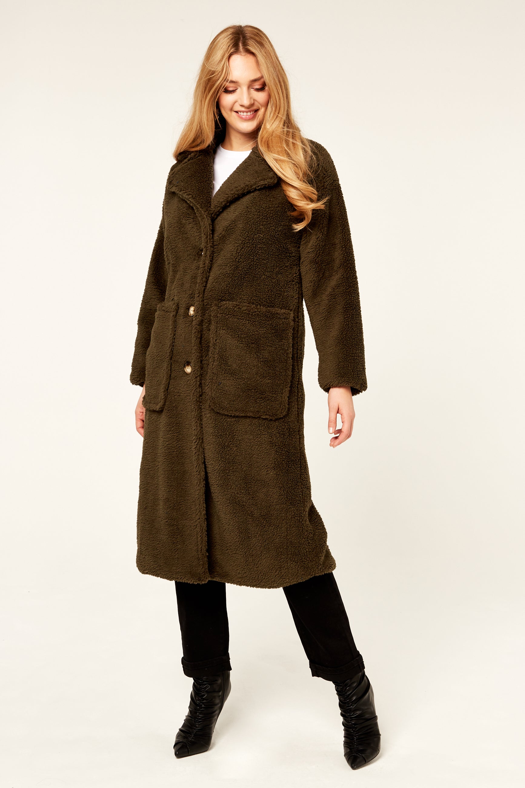 Khaki Longline Teddy Coat