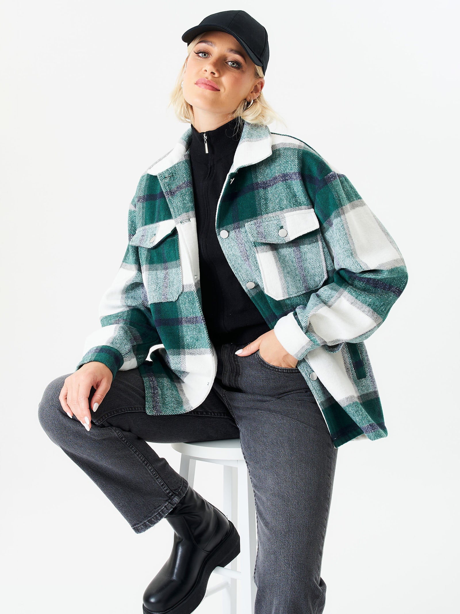 Green Check Oversized Pocket Detail Shacket