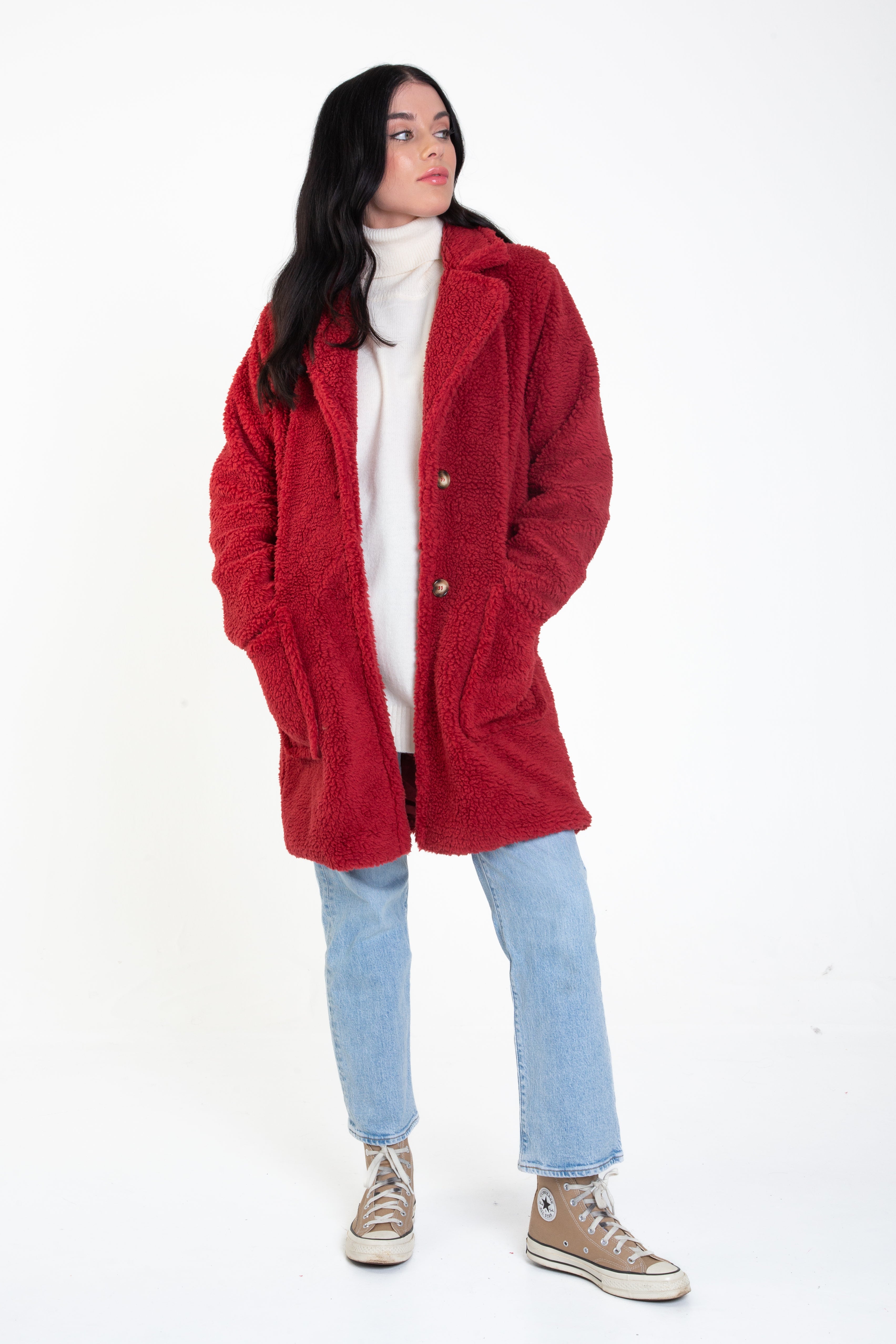 Burgundy Faux Fur Longline Teddy Overcoat