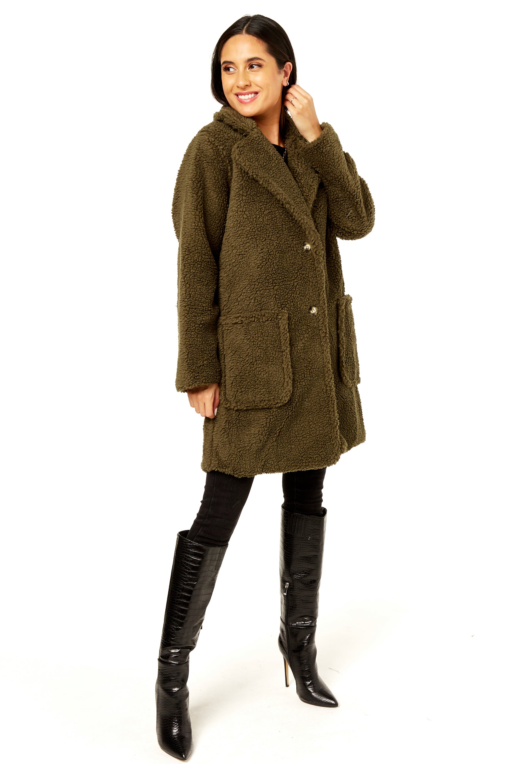 Khaki Faux Fur Longline Teddy Overcoat