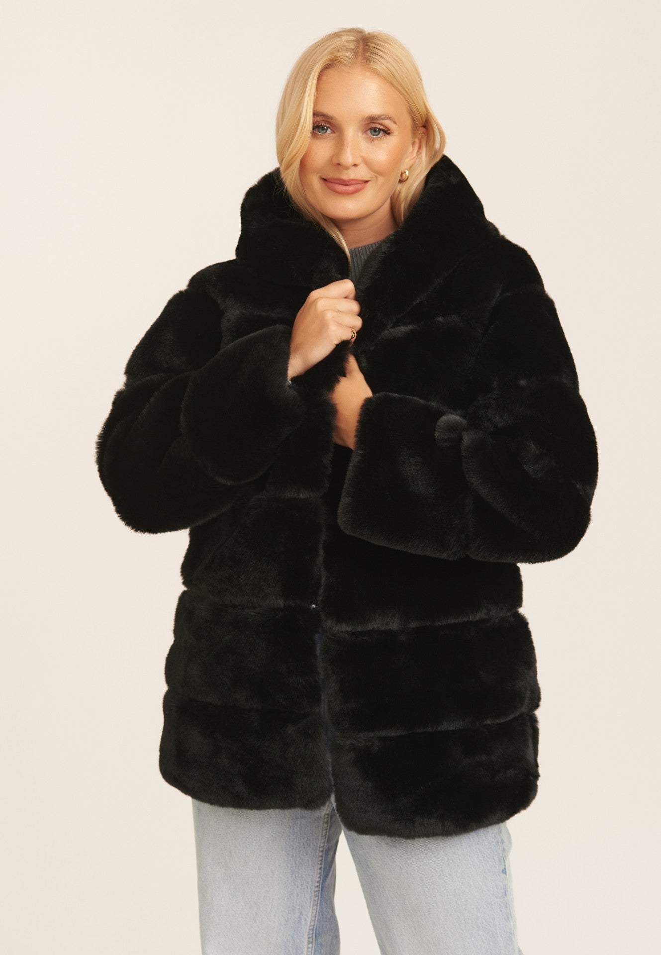 Black Horizontal Cut Fur Hooded Jacket