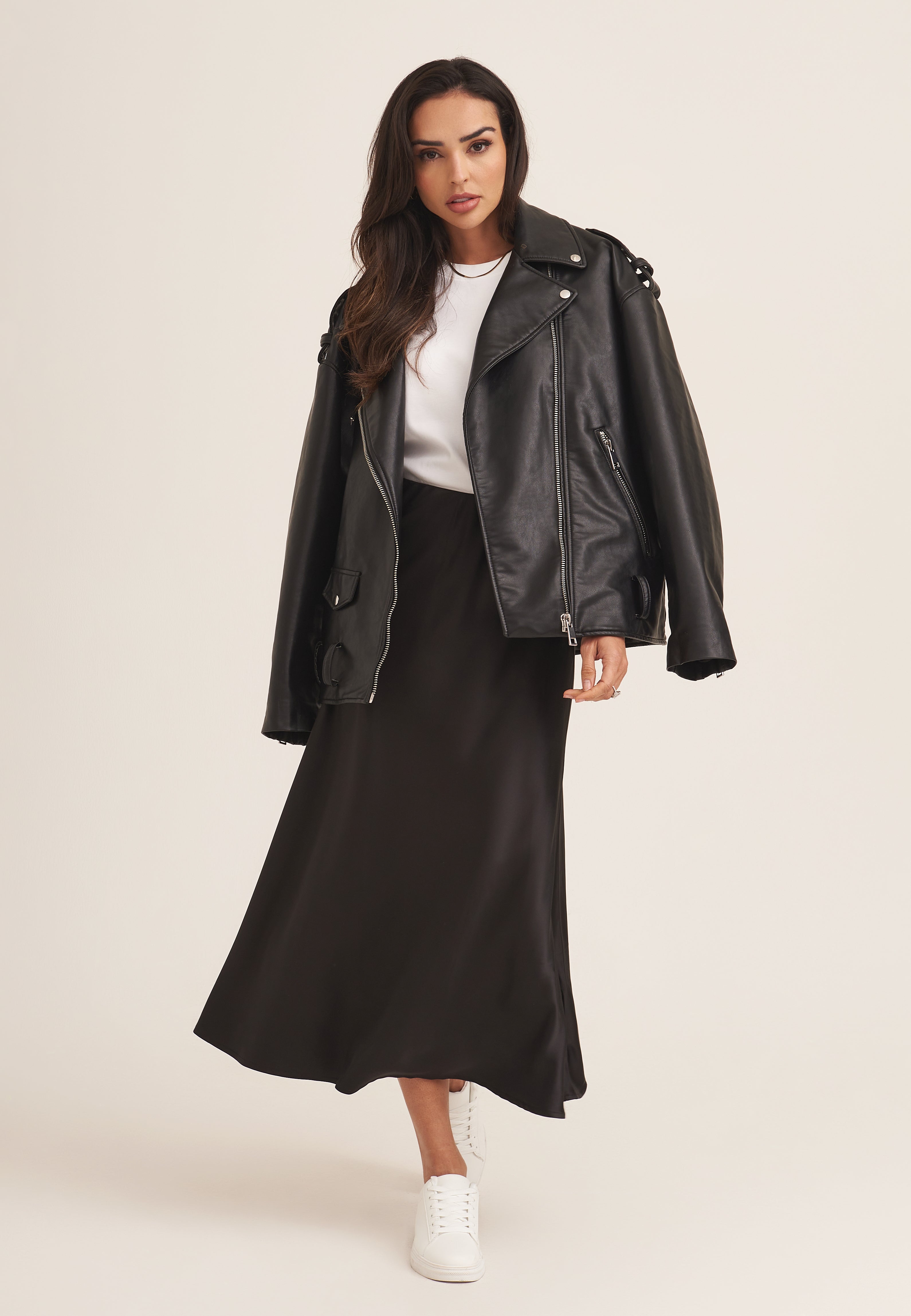 Black Satin Bias Cut Midi Skirt