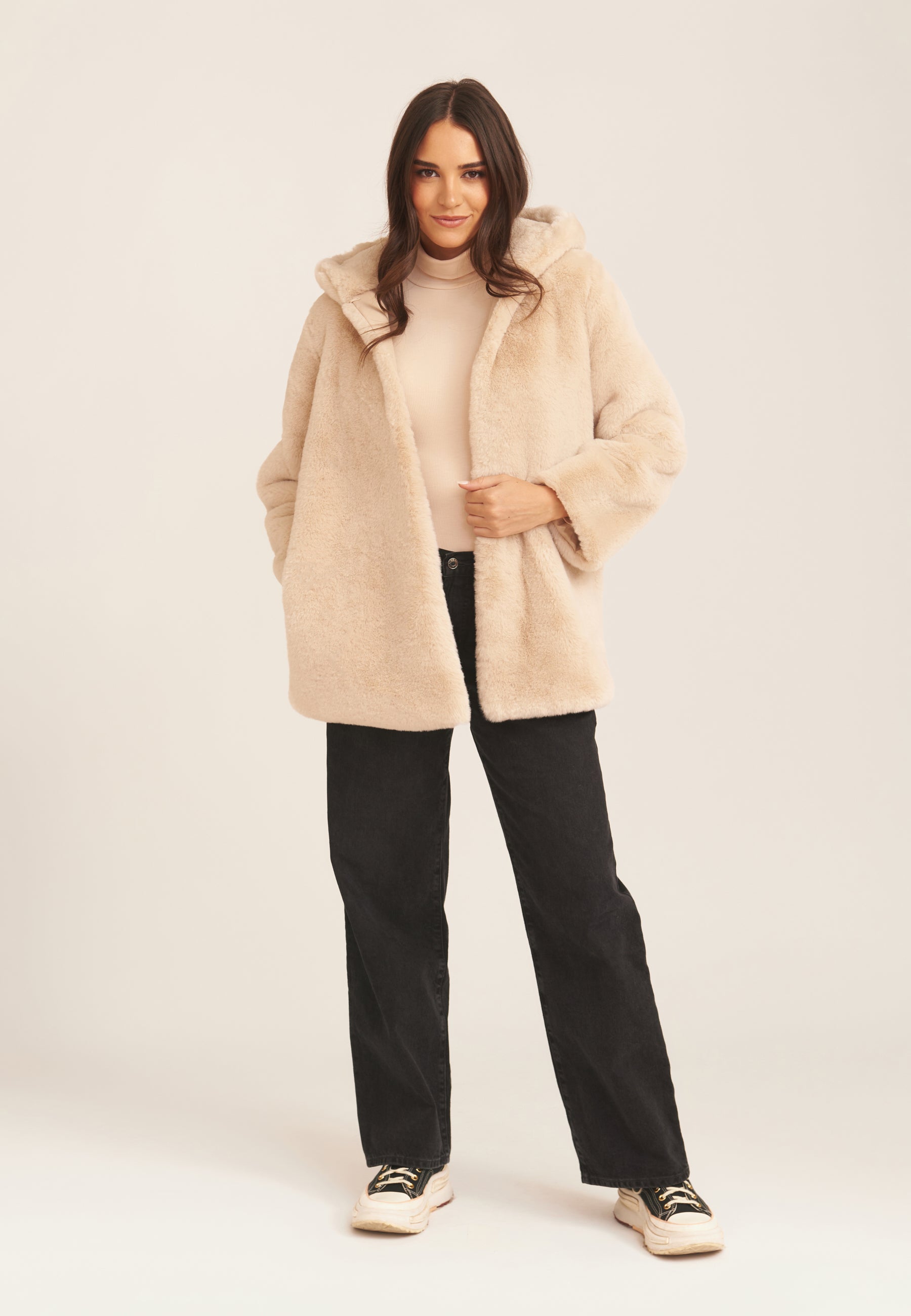 Stone Hooded Long Sleeve Faux Fur Jacket