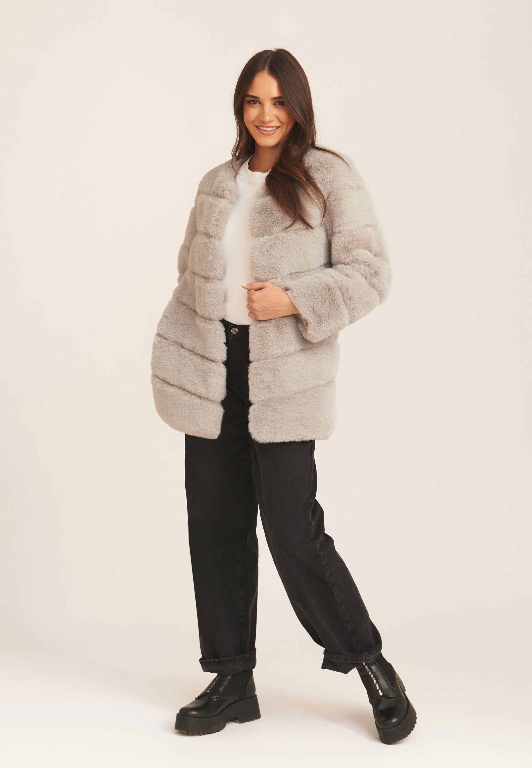 Silver Diagonal Cut Faux Fur Long Sleeve Jacket