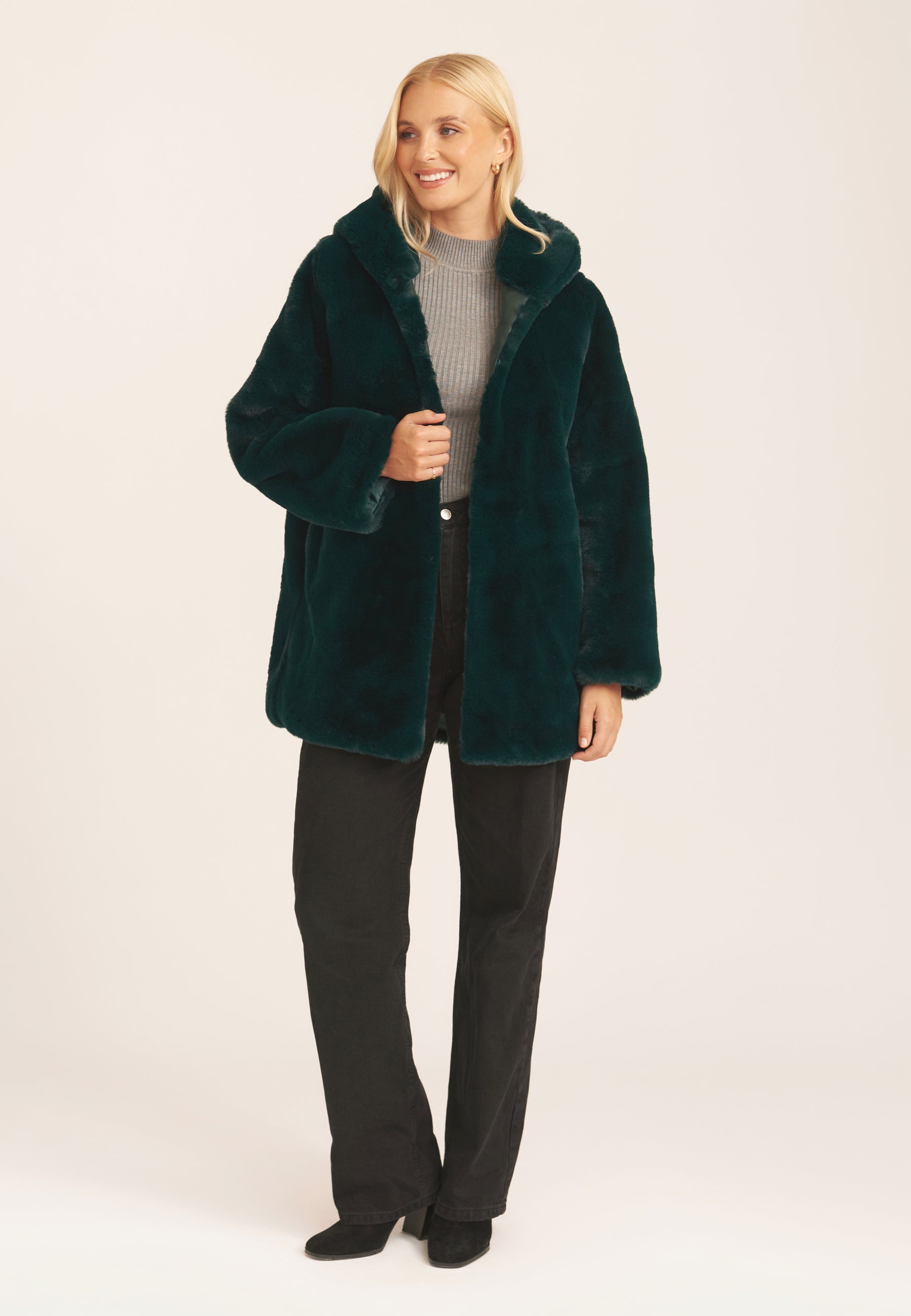 Emerald Green Hooded Long Sleeve Faux Fur Jacket