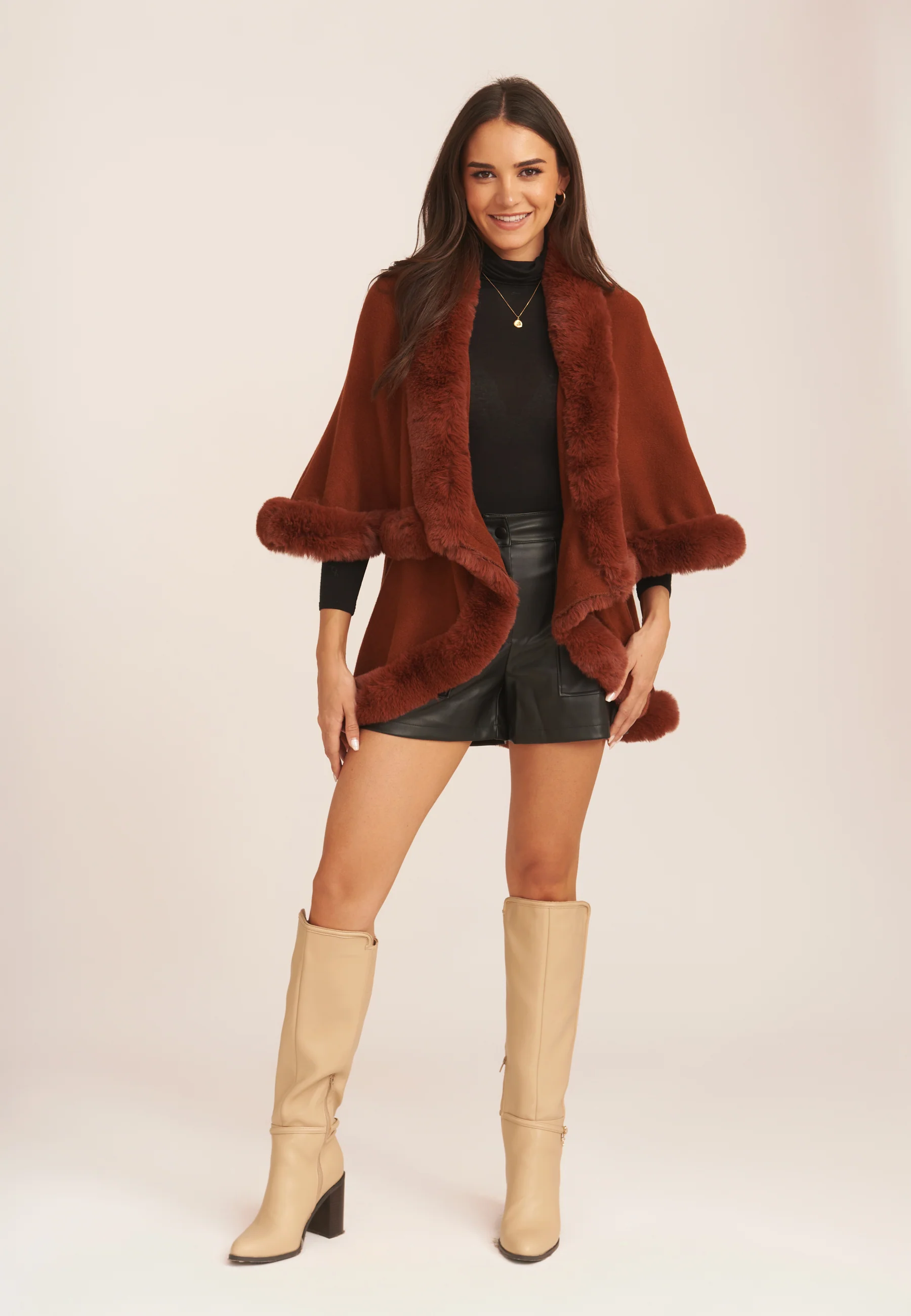 Brown Fur Trim Double Layer Cape