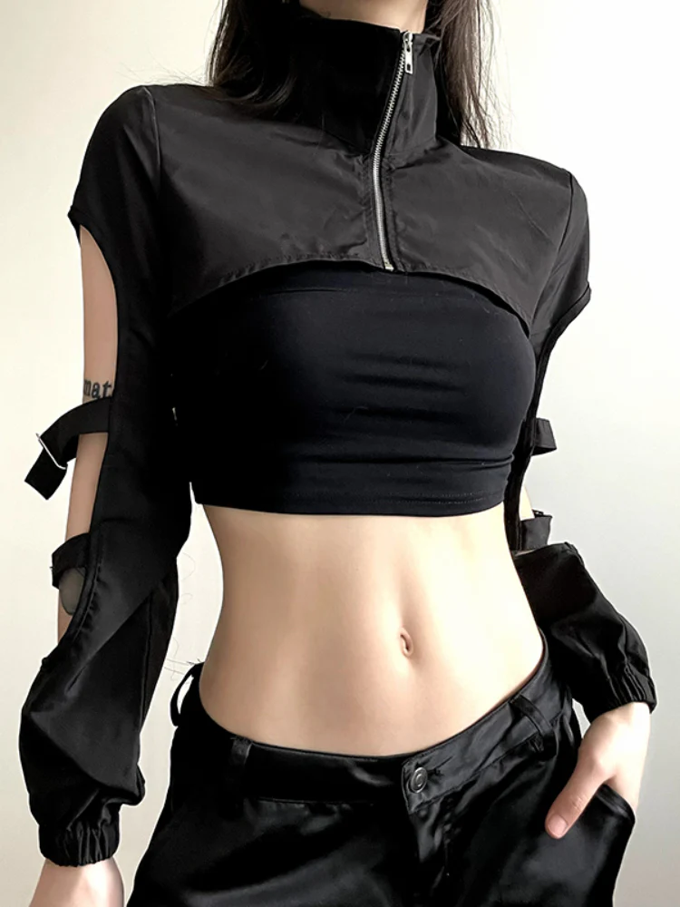 Black Buckle Turtleneck Pullover Smock Zipper Top