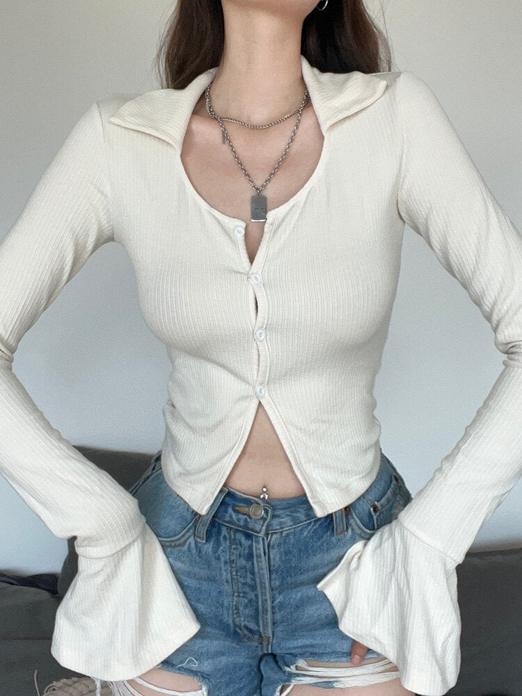 Knitted Flare-Sleeve Crop Buttons Solid Tops