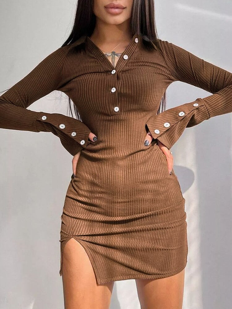 Brown Ribbed Long-Sleeve Dress