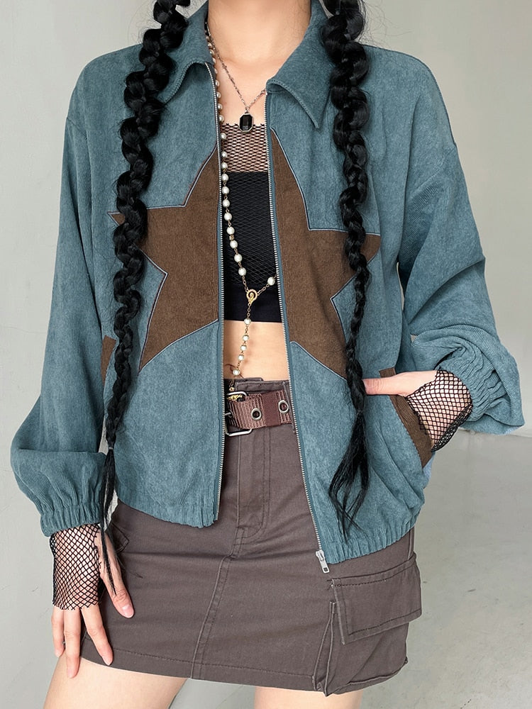Corduroy Star Embroidery Full Zip-Up Jacket