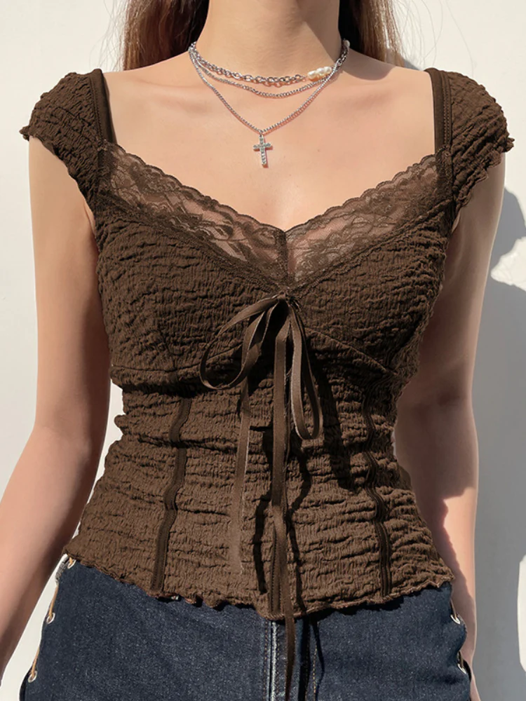 Knitted Lace Patchwork Bow Slim Top