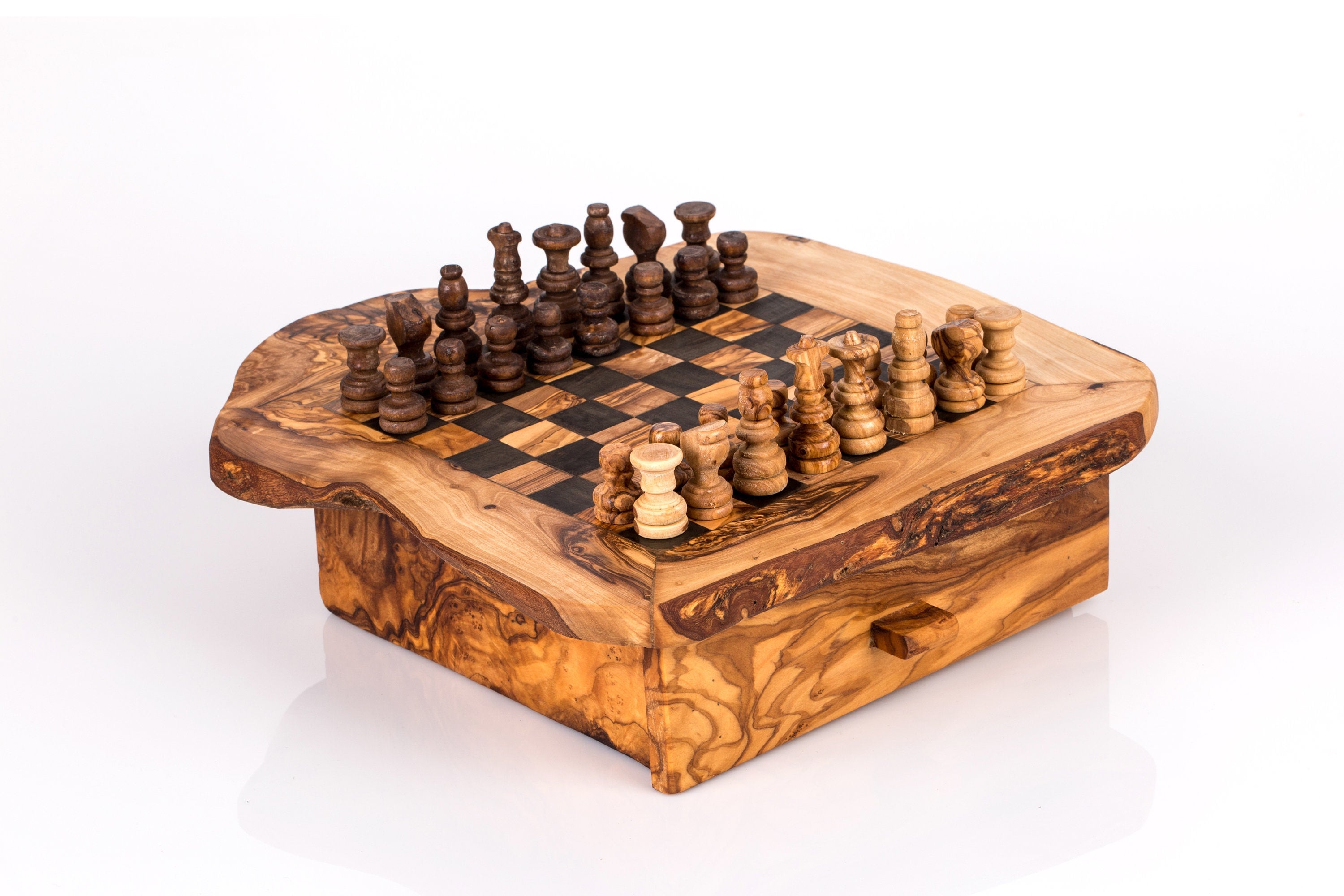 Olive Wood Chess Board with One Drawer 33 * 33 cm, gift, gift for him, birthday gift, chess lovers, chess set with chess pieces