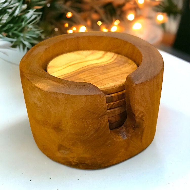 Olive Wood Coaster Set of 6 in Holder 12 cm