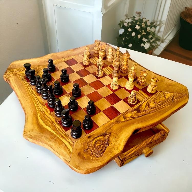 Olive Wood Wooden Handcrafted Chess Board Set W/ Pieces & Two Drawers - Perfect Unique Gift For Chess Lovers