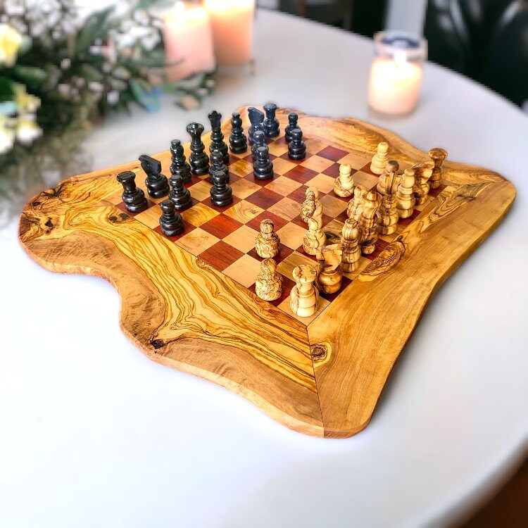 Olive Wood Chess Board with pieces, game , gift for him, birthday gift,  chess lovers, chess set with handmade chess pieces