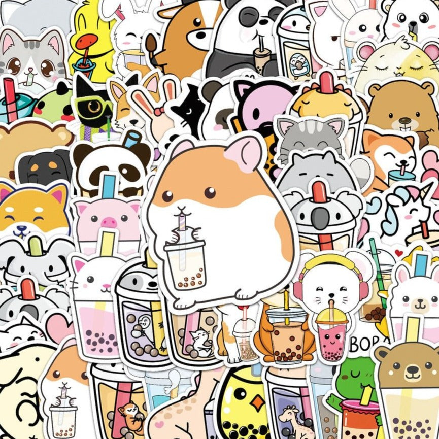 Cute Cartoon Pets Animals Pearl Milk Tea Stickers