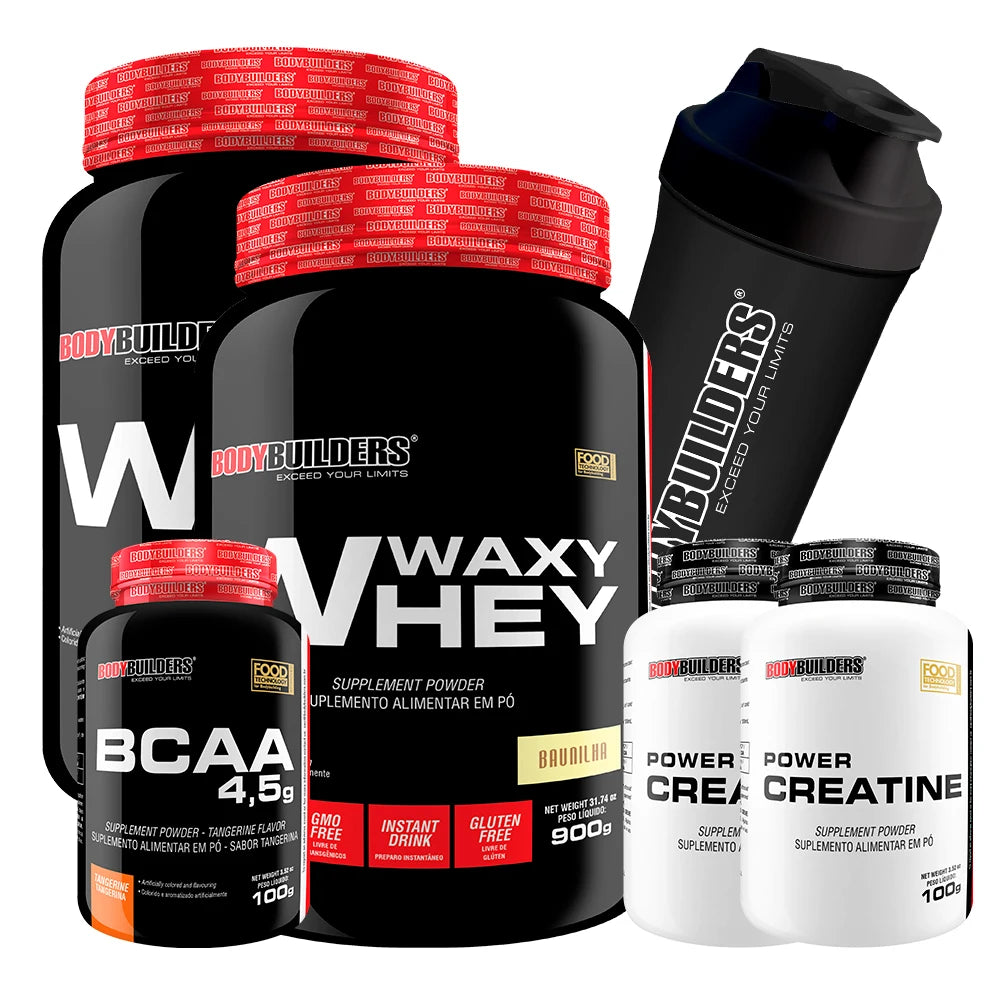 Combo: 2x Waxy Whey Protein 900g + 2x Power Creatine 100g + BCAA 4.5 100g + Agitador de Coquetel - Para Bodybuilders.