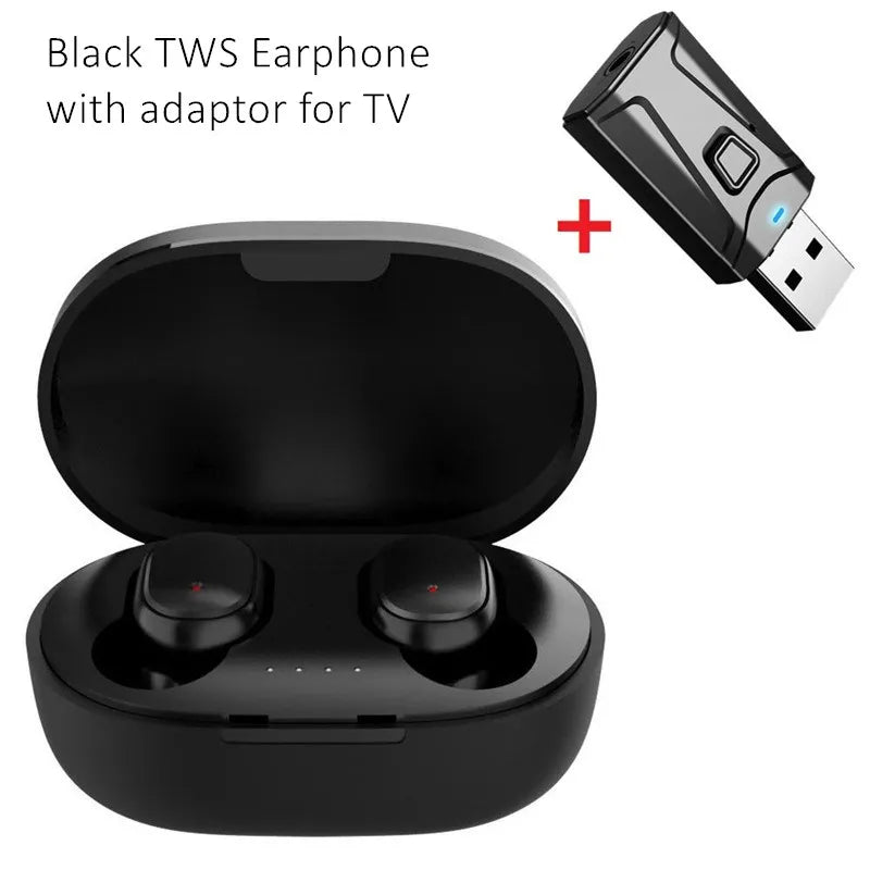 Fones de ouvido sem fio TWS esportivos à prova d'água - Earbuds Bluetooth, adaptador USB para TV, ideal para esportes na TV com microfone, controle de toque, headset TWS modelo A6.