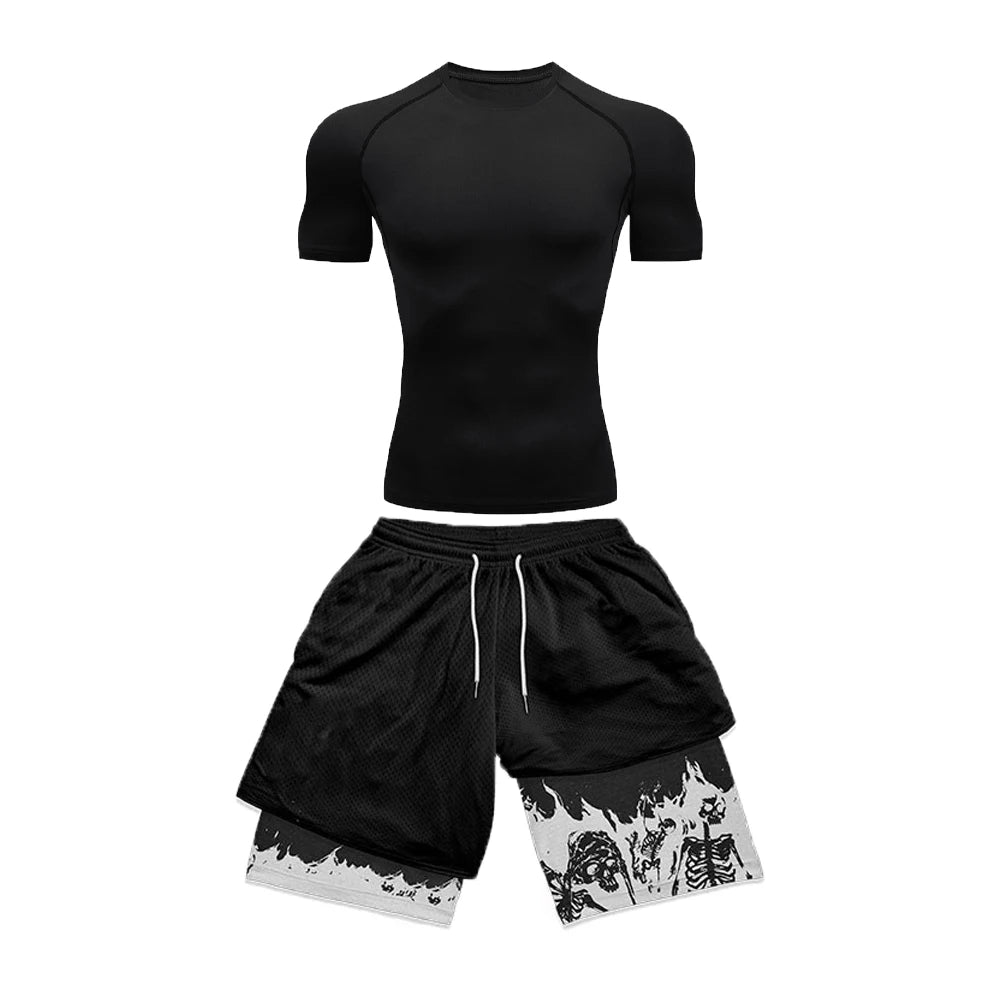 Conjunto de Compressão Masculina para Esportes, Fitness, Secagem Rápida, Manga Curta, Shorts de Anime de Camada Dupla para o Verão.