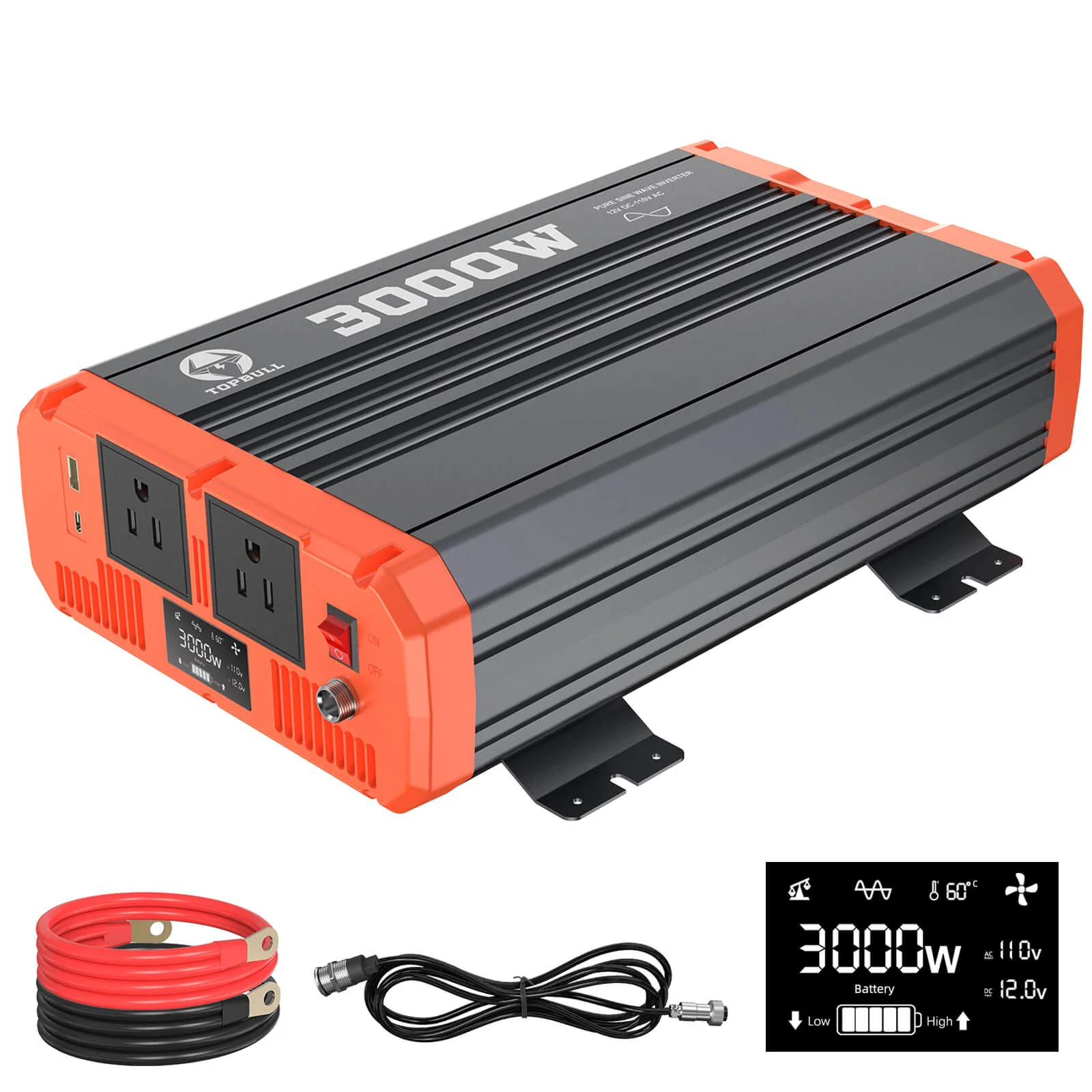 TOPBULL 3000W Pure Sine Wave Inverter 12V to 110V